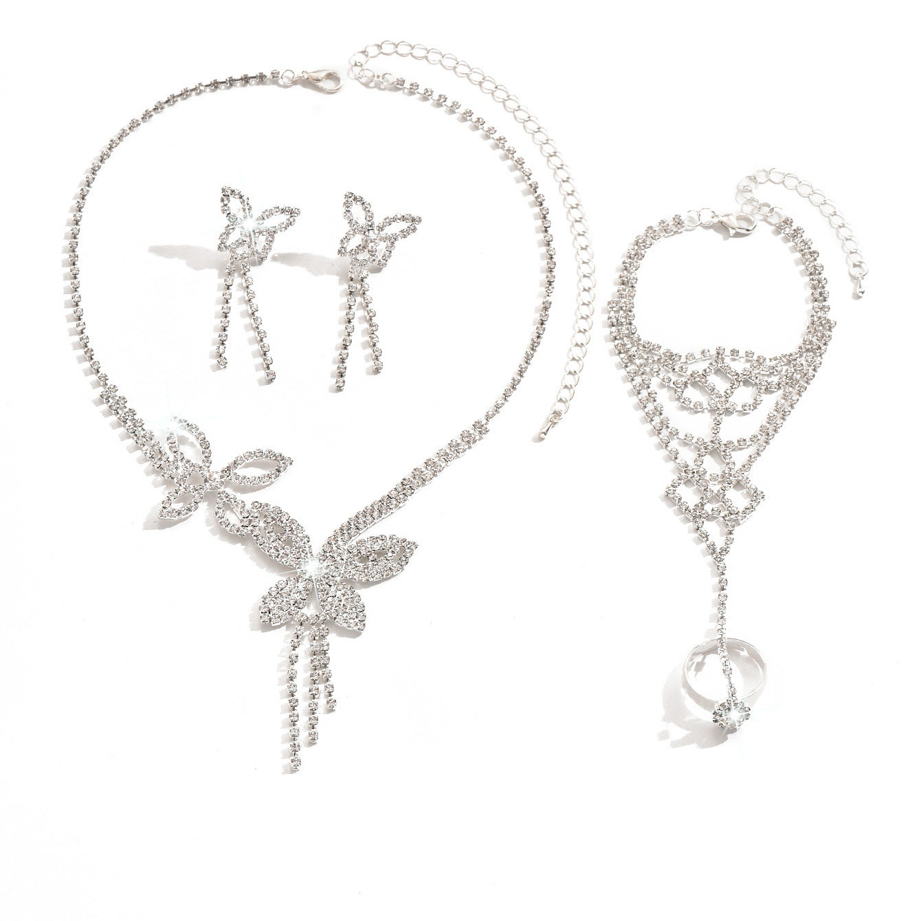 Butterfly Tassel Rhinestone Necklace Earring Bracelet 3 Pieces Suit LadyShow.Store
