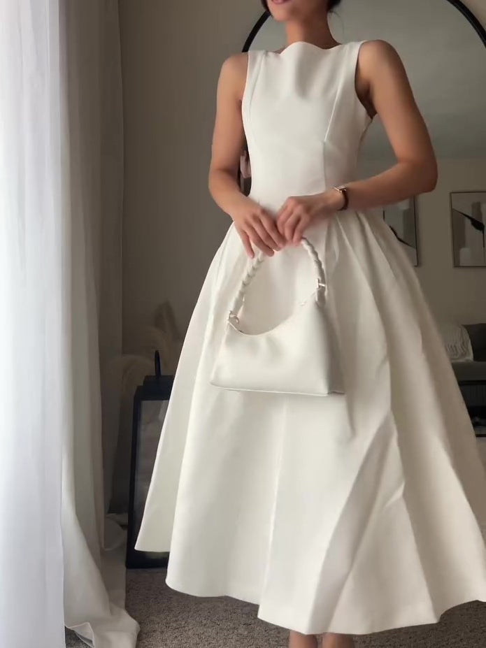 White Round Neck Sleeveless Swing Dress NorixaFashion.com