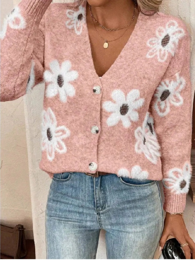 Flowers Print Button Front Cardigan NorixaFashion.com