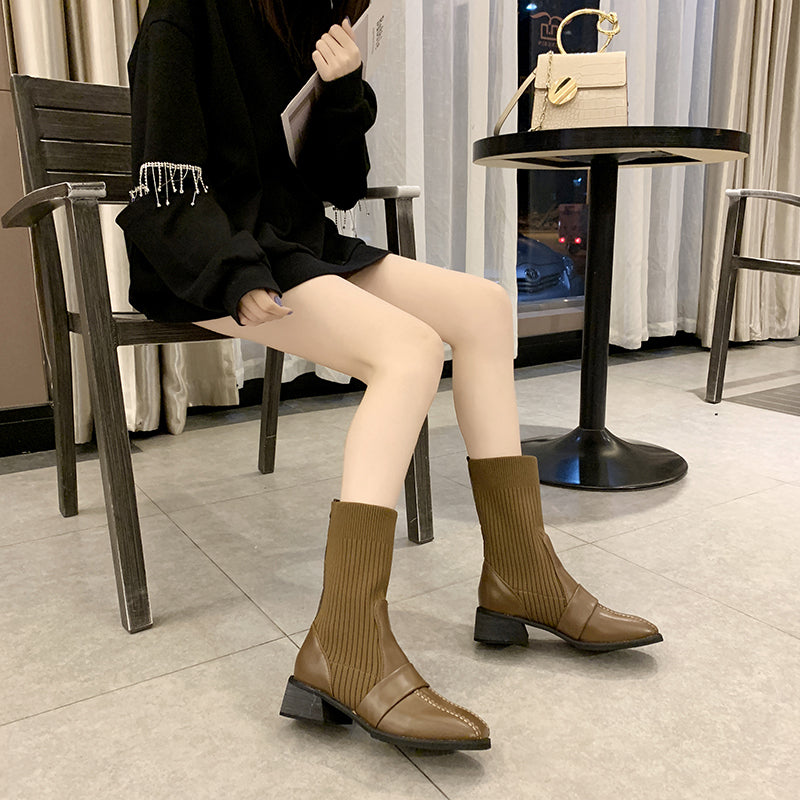 British Style Square Toe Mid-tube Knitted Martin Boots Women LadyShow.Store