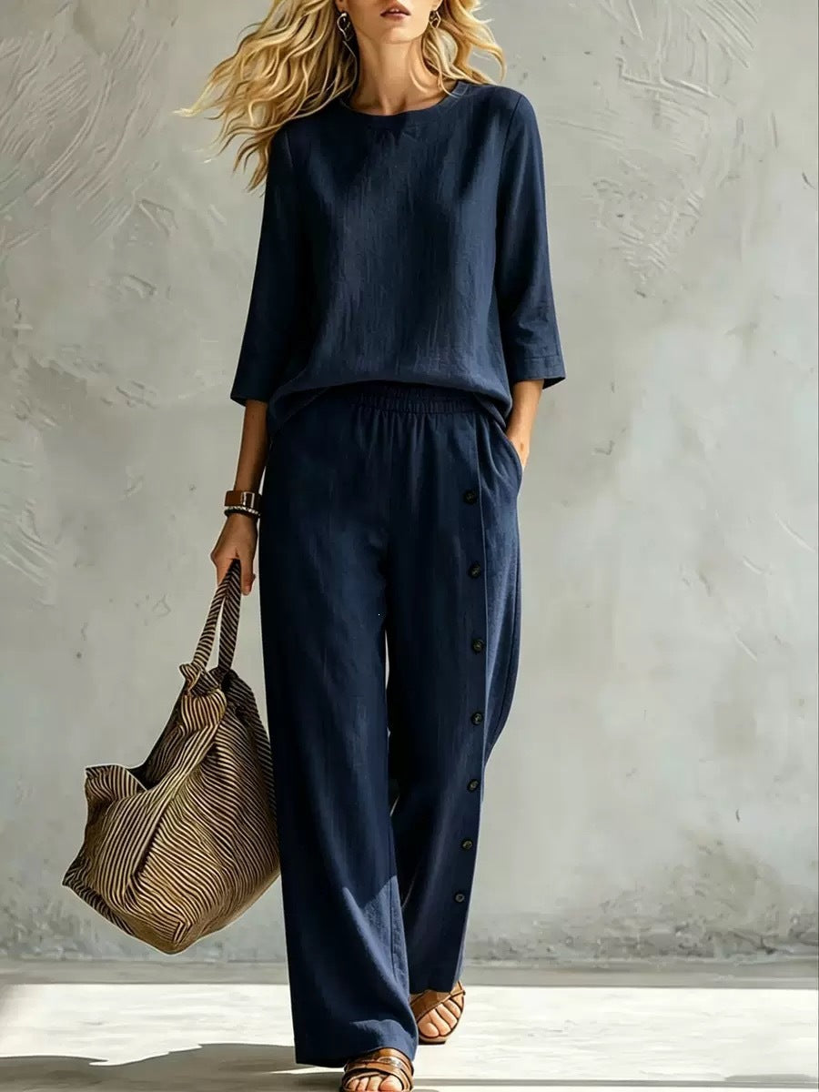 2026 European And American Women's Fashionable Solid Color Buckle Design Casual Loose Two-piece Set NorixaFashion.com
