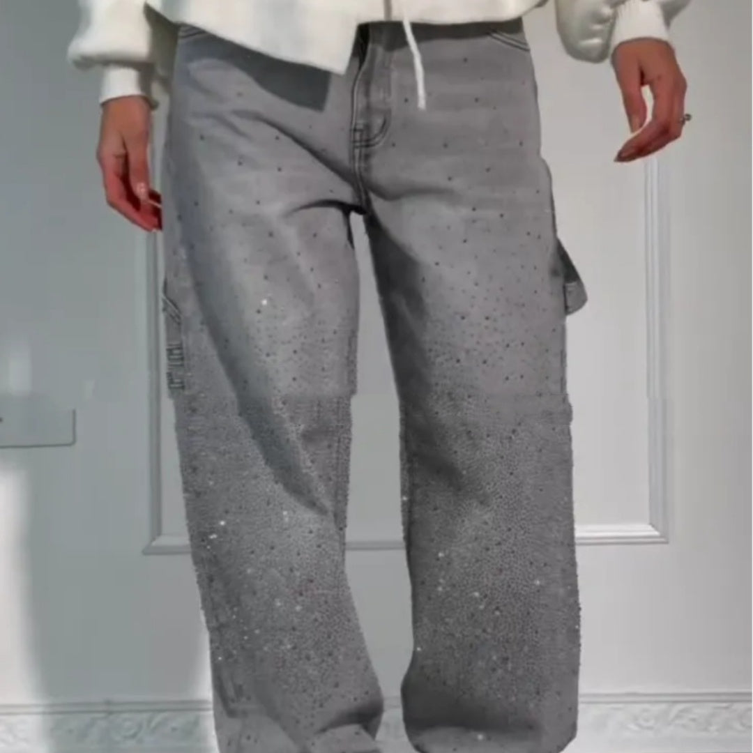 Ins Shiny Straight Jeans With Pockets Fashion Loose Wide-leg Pants For Women Street-style Trousers LadyShow.Store