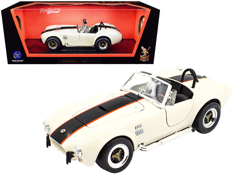 1964 Shelby Cobra 427 S/C Roadster Cream with Black and Orange Stripes 1/18 Diecast Model Car by Road Signature LuxuryLifeWay Online Store