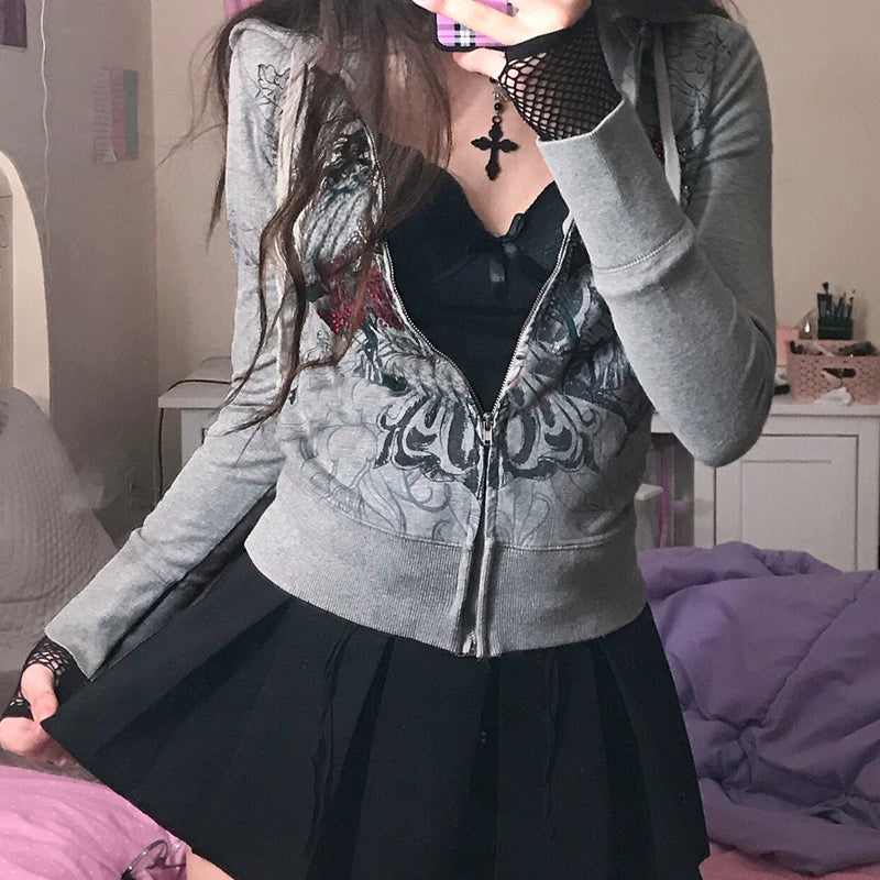 Graphic Print Retro Casual Hooded Jackets Spring Autumn Vint CJD