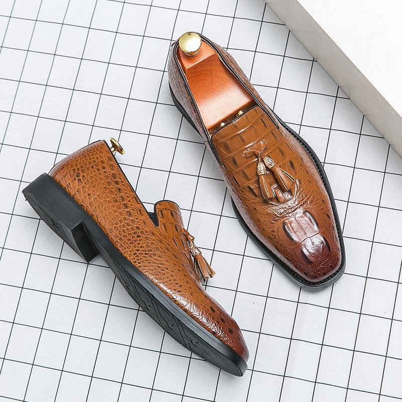 Mens Korean-style Crocodile-pattern Embossed Tassel Leather Shoes Best YouTube Store
