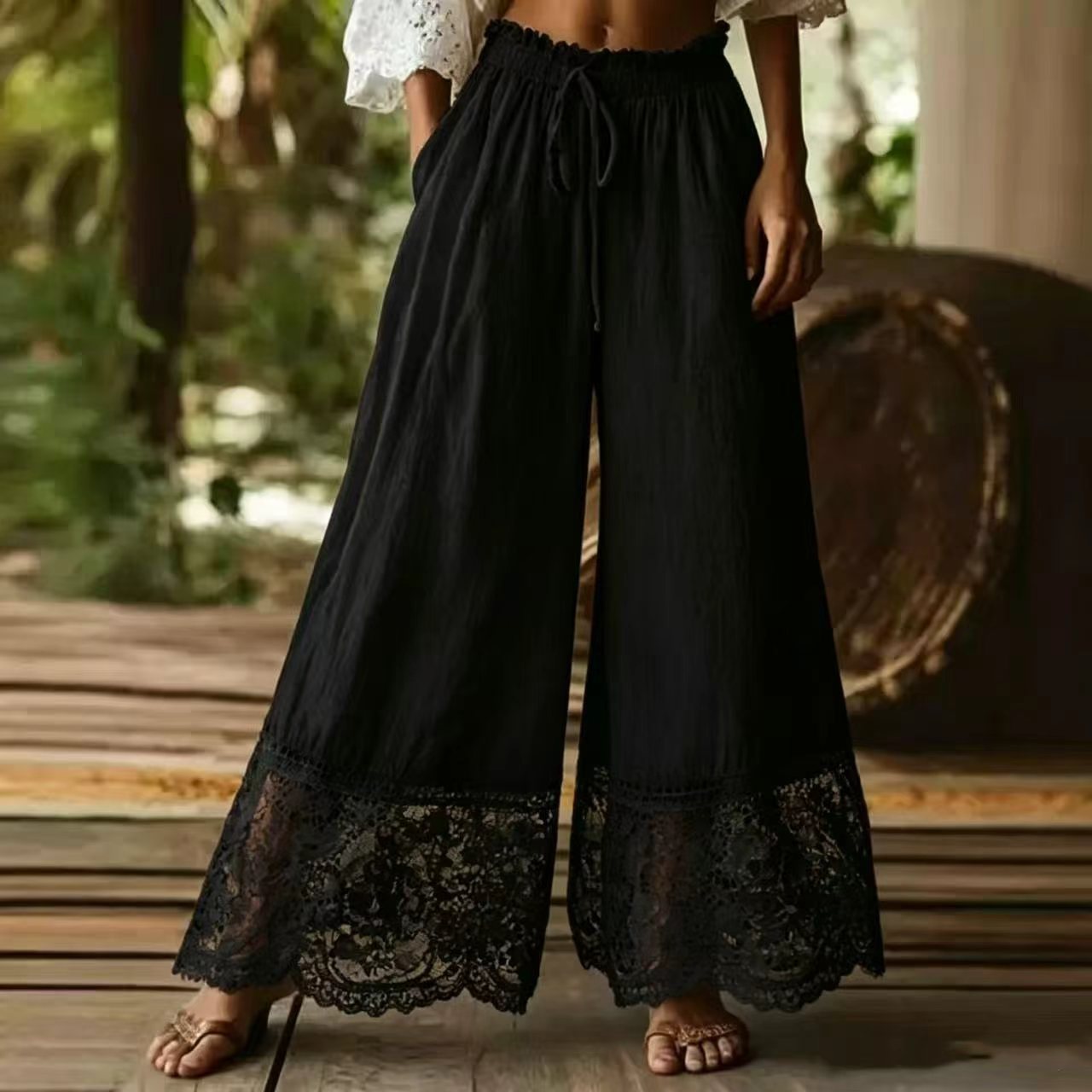 Fashionable Solid-Colored Lace-Trimmed Womens Pants NorixaFashion.com