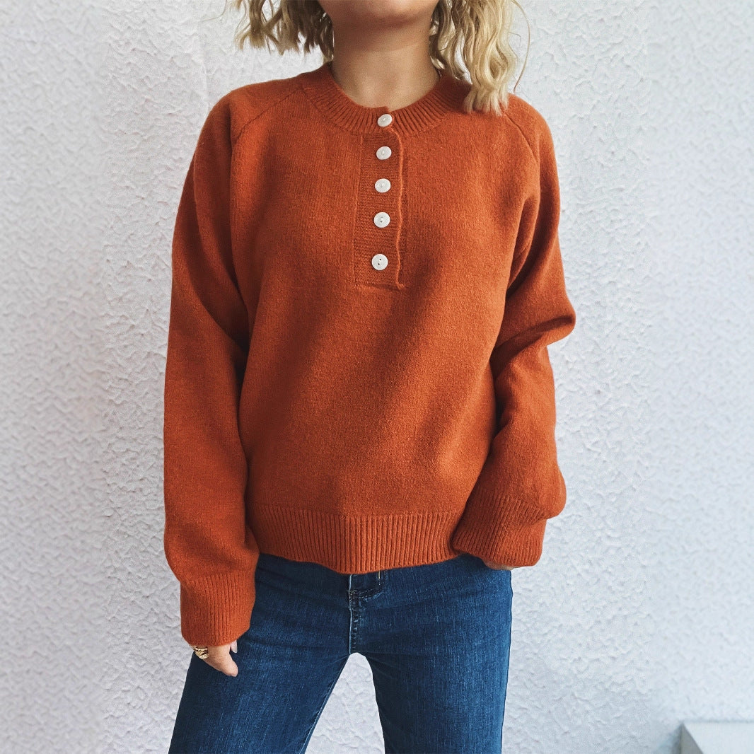 Women's Solid Color Buttons Casual Knitted Round Neck Long Sleeve Warm Sweater LadyShow.Store