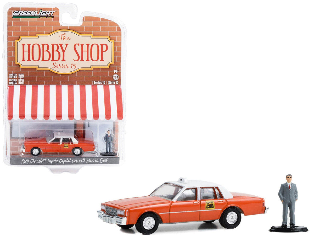 1981 Chevrolet Impala "Capitol Cab" Taxi Orange with White Top and Man in Suit Figure "The Hobby Shop" Series 15 1/64 Diecast Model Car by Greenlight LuxuryLifeWay Online Store