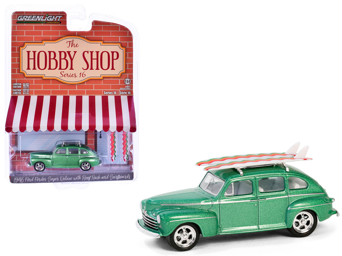 1946 Ford Fordor Super Deluxe Green Metallic with White Interior and Roof Rack with Surfboards "The Hobby Shop" Series 16 1/64 Diecast Model Car by Greenlight LuxuryLifeWay Online Store