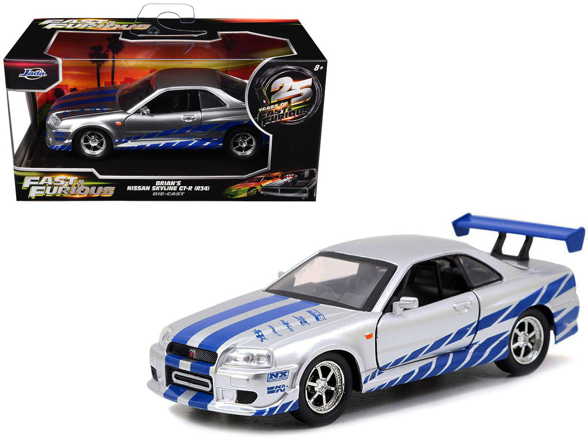 Brian's Nissan Skyline GT-R (R34) RHD (Right Hand Drive) Silver Metallic with Blue Stripes "2 Fast 2 Furious" (2003) Movie "Fast & Furious 25th Anniversary" Series 1/32 Diecast Car Model by Jada LuxuryLifeWay Online Store