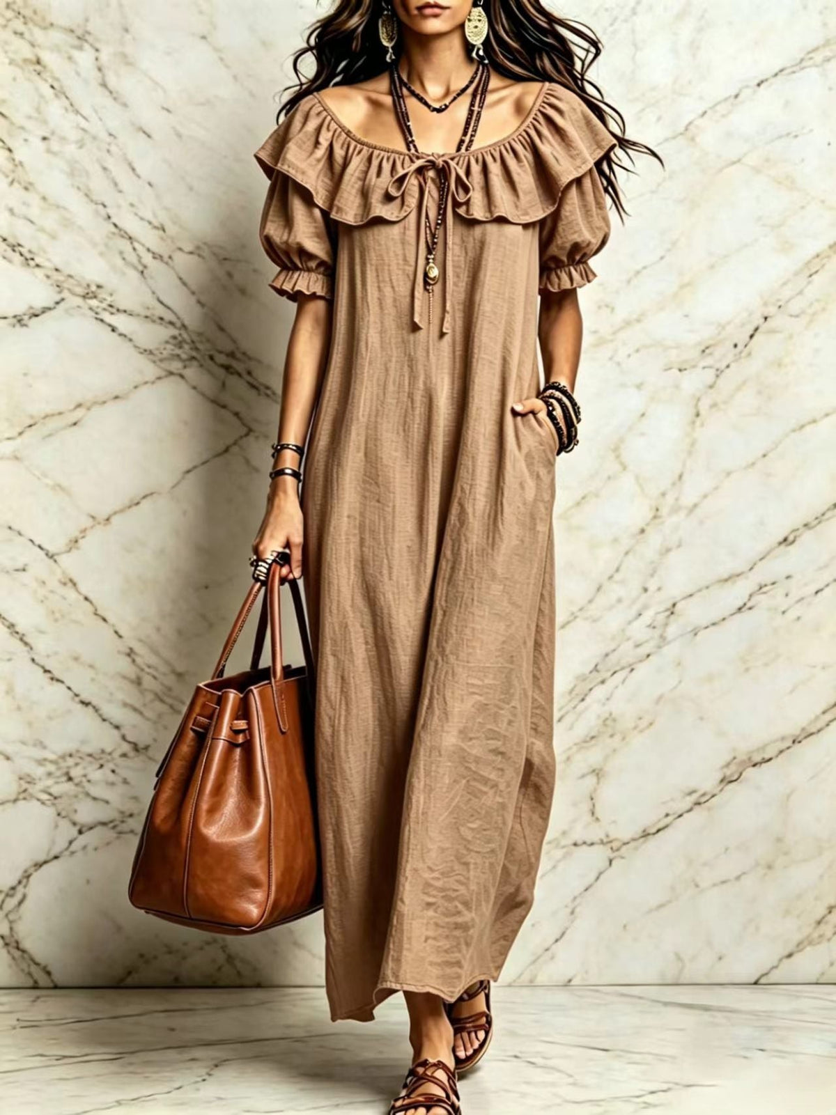 Summer 2026 Women's New Round Neck Ruffled Casual Seaside Vacation Dress From Europe And America NorixaFashion.com