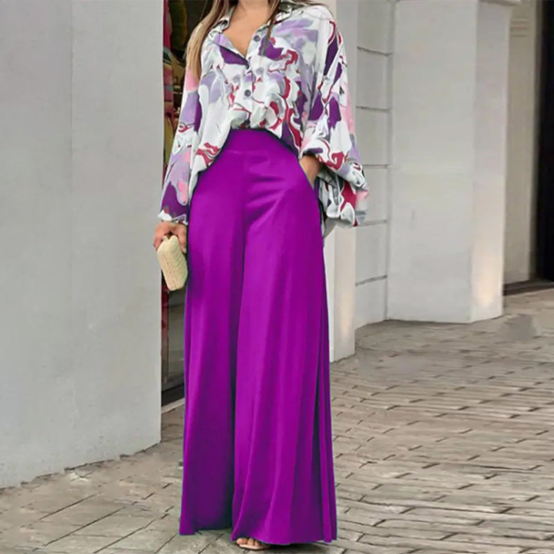 Loose And Elegant Casual Printed Shirt Top Wide Leg Pants Fashion Suit NorixaFashion.com