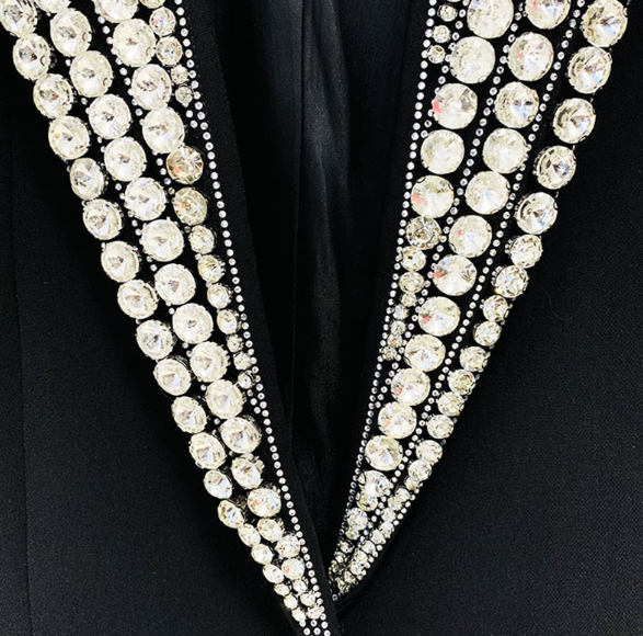 Women's Rhinestone Beaded One Button Slim Blazer Jacket Pi-Mart