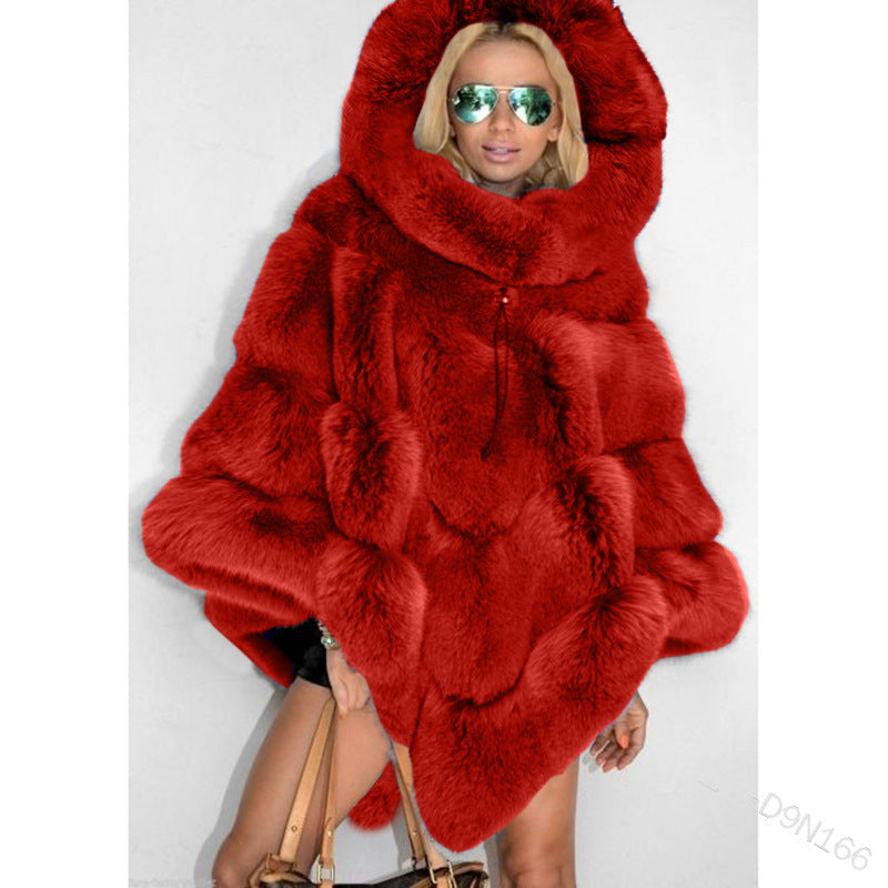 Solid Color Hooded Faux Fur Patchwork Loose Coat Elegant Commuter Cape Women's NorixaFashion.com