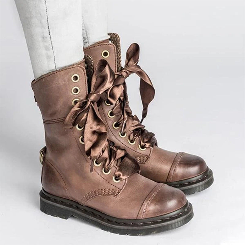 British-style Lace-up Round-toe Flat Ankle Boots For Women LadyShow.Store