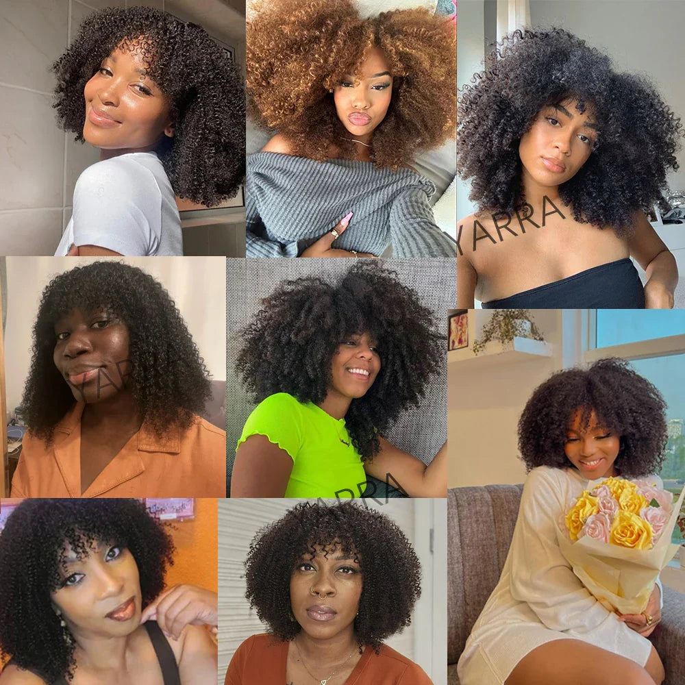 Afro Kinky Curly Human Hair Wig With Bangs For Black Women 180% Density Glueless Brazilian Remy Full Machine Made Hair Yarra LadyShow.Store