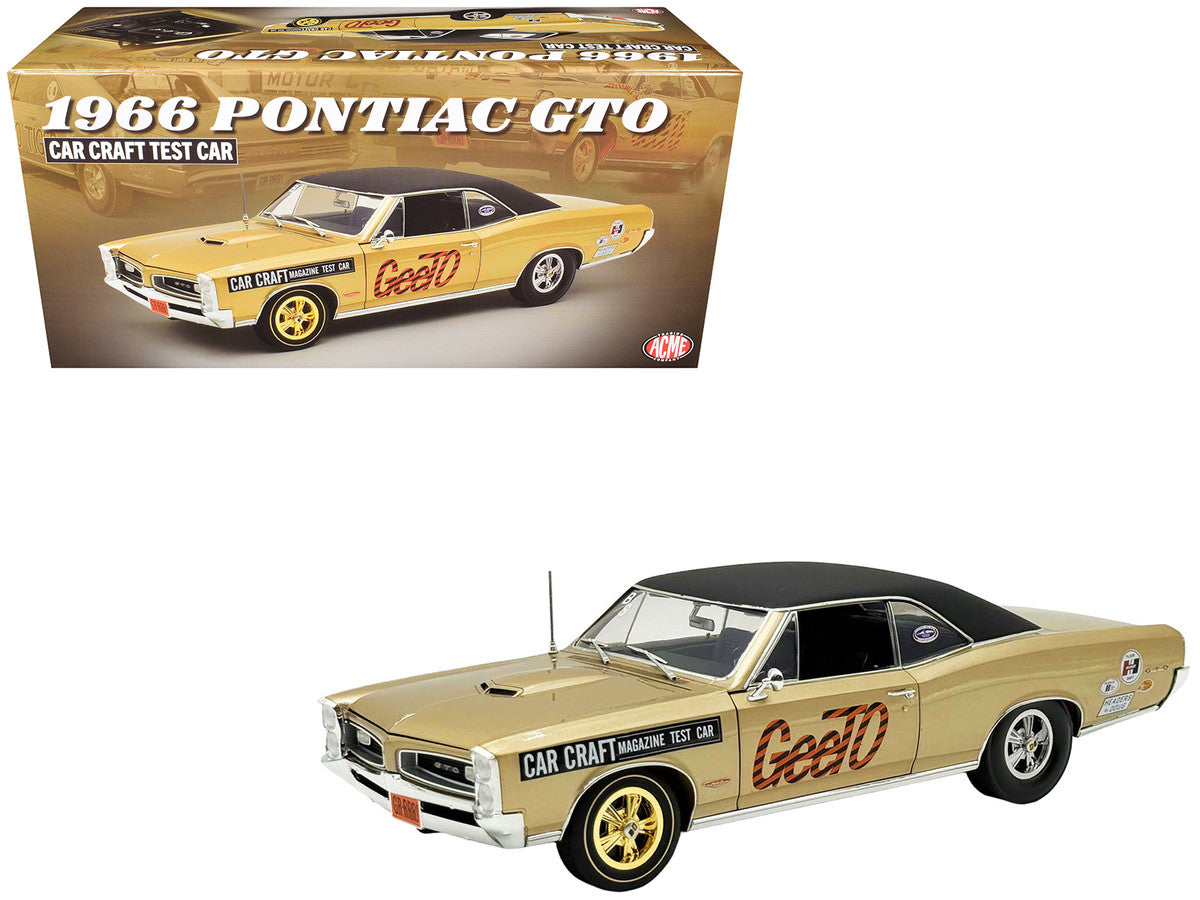 1966 Pontiac GTO "Car Craft Magazine Test Car" Gold Metallic with Black Top and Graphics Limited Edition to 300 pieces Worldwide 1/18 Diecast Model Car by ACME LuxuryLifeWay Online Store