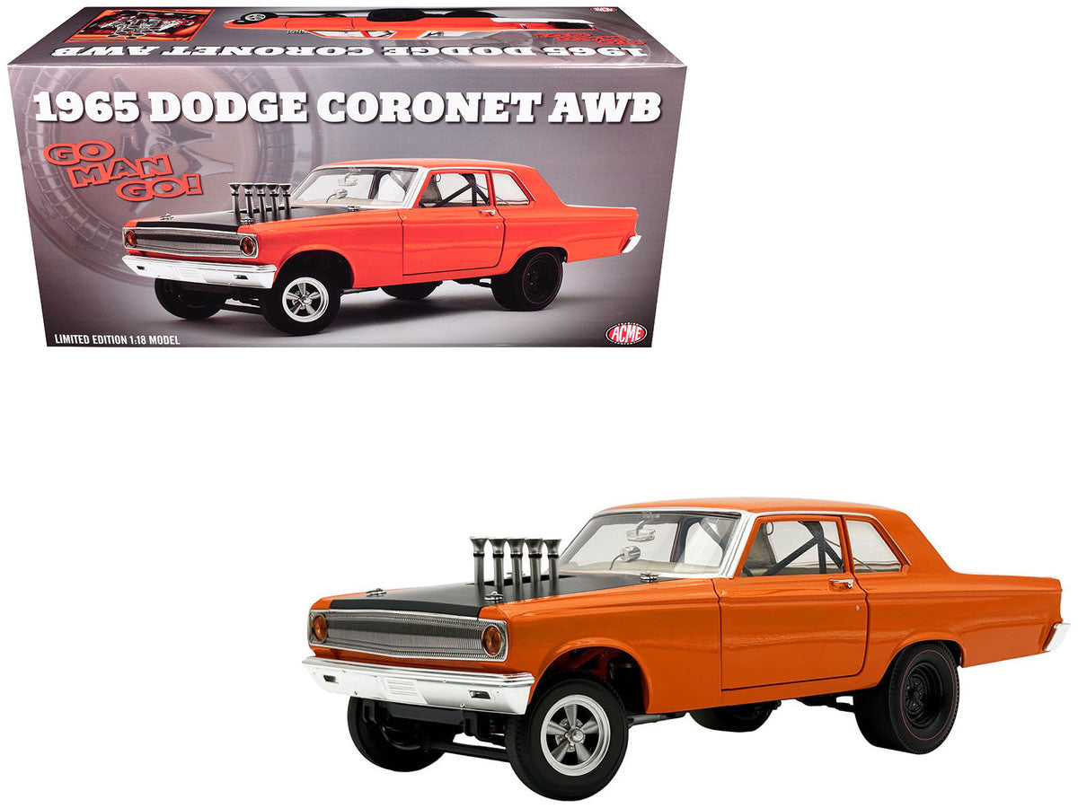 1965 Dodge Coronet AWB "Go Man Go" Go Mango Orange with Black Hood Limited Edition to 300 pieces Worldwide 1/18 Diecast Model Car by ACME LuxuryLifeWay Online Store