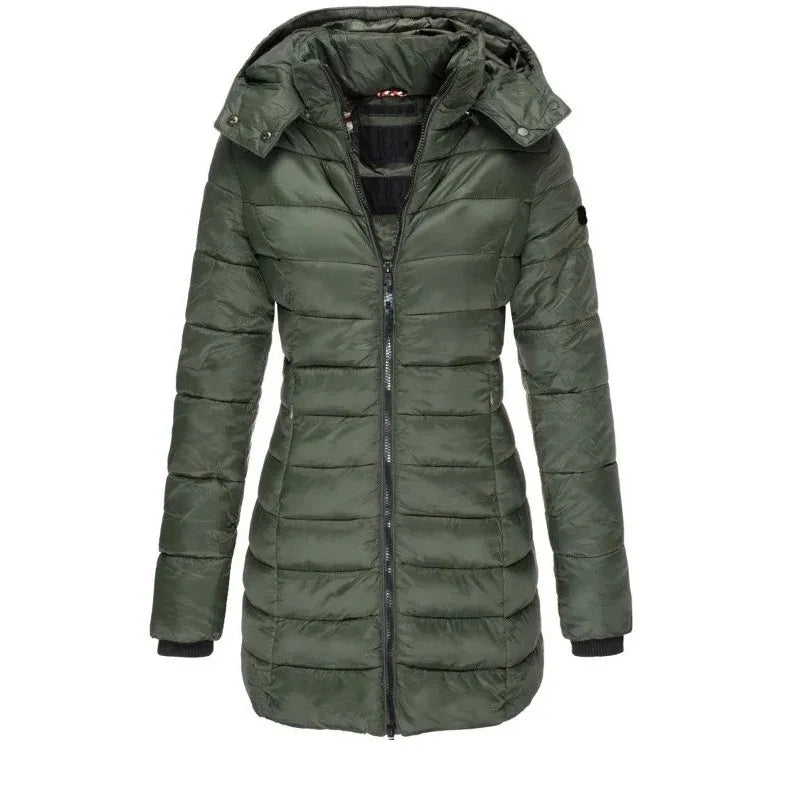 Winter Thicken Warm Women Parkas Zippers Solid Overcoat Casual Long Sleeve Padded Puffer Jacket Female Mid-length Slim Coat Top LadyShow.Store