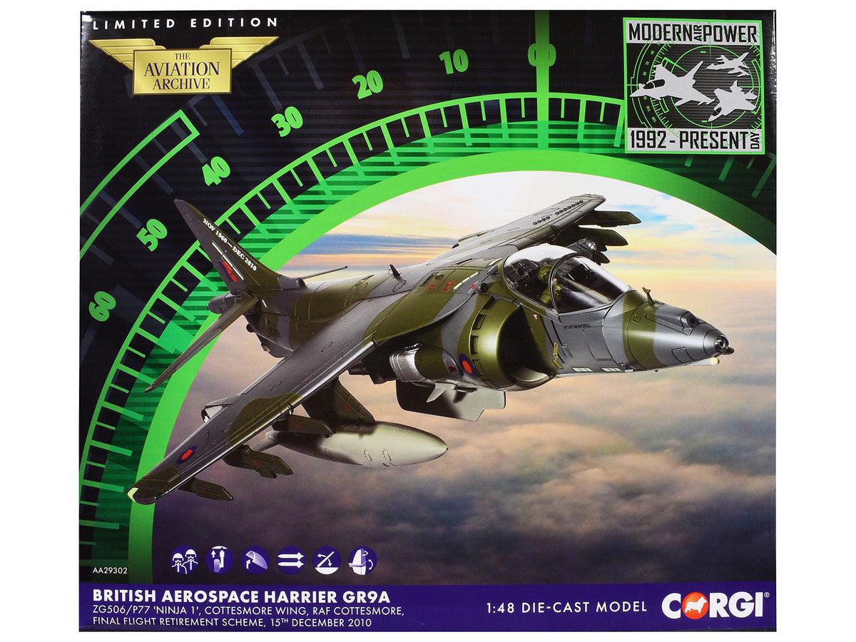 British Aerospace Harrier GR9A Aircraft "ZG506/P77 Ninja 1 RAF Cottesmore Final Flight Retirement Scheme" (2010) Royal Air Force "The Aviation Archive" Series 1/48 Diecast Model by Corgi LuxuryLifeWay Online Store