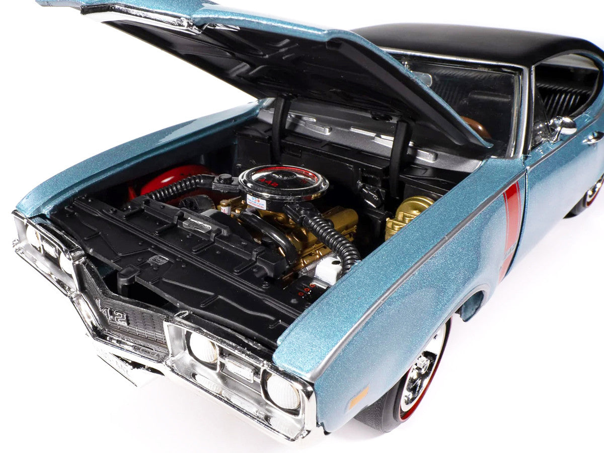 1968 Oldsmobile 442 W30 Holiday Coupe Teal Frost Metallic with Red Stripes and Black Vinyl Top "Hemmings Motor News July 2023 Cover Car" "American Muscle" Series 1/18 Diecast Model Car by Auto World LuxuryLifeWay Online Store