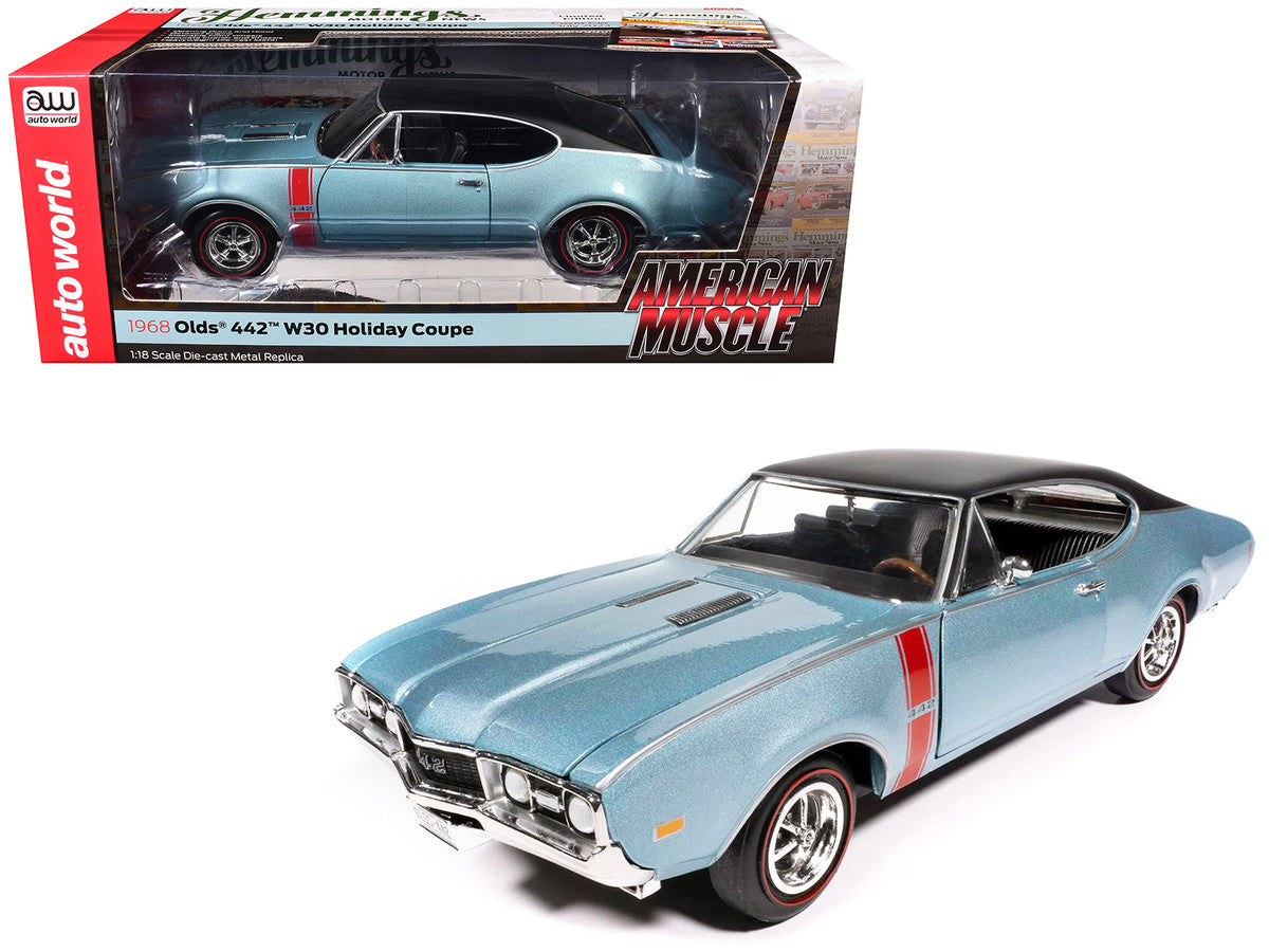 1968 Oldsmobile 442 W30 Holiday Coupe Teal Frost Metallic with Red Stripes and Black Vinyl Top "Hemmings Motor News July 2023 Cover Car" "American Muscle" Series 1/18 Diecast Model Car by Auto World LuxuryLifeWay Online Store
