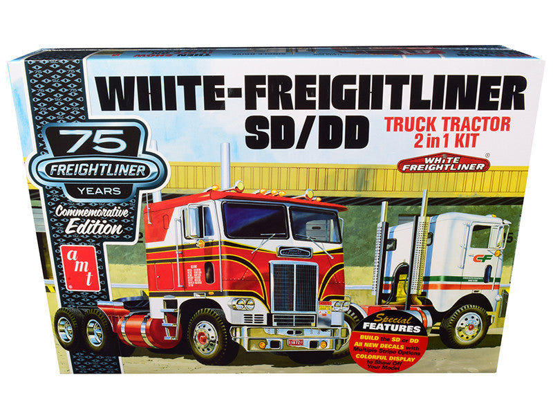 Skill 3 Model Kit White Freightliner SD/DD Truck Tractor 2-in-1 Kit with Display Base "75th Freightliner Anniversary" Commemorative Edition 1/25 Scale Model by AMT LuxuryLifeWay Online Store