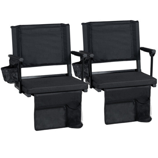 Set of 2 Folding Stadium Seat with Cup Holders and Pockets-Black LuxuryLifeWay Online Store