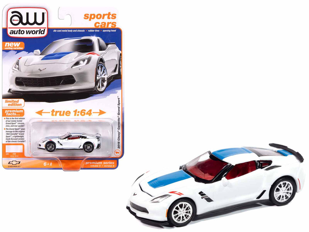 2018 Chevrolet Corvette Grand Sport Arctic White with Blue Stripe and Red Interior "Sports Cars" Series 1/64 Diecast Model Car by Auto World LuxuryLifeWay Online Store