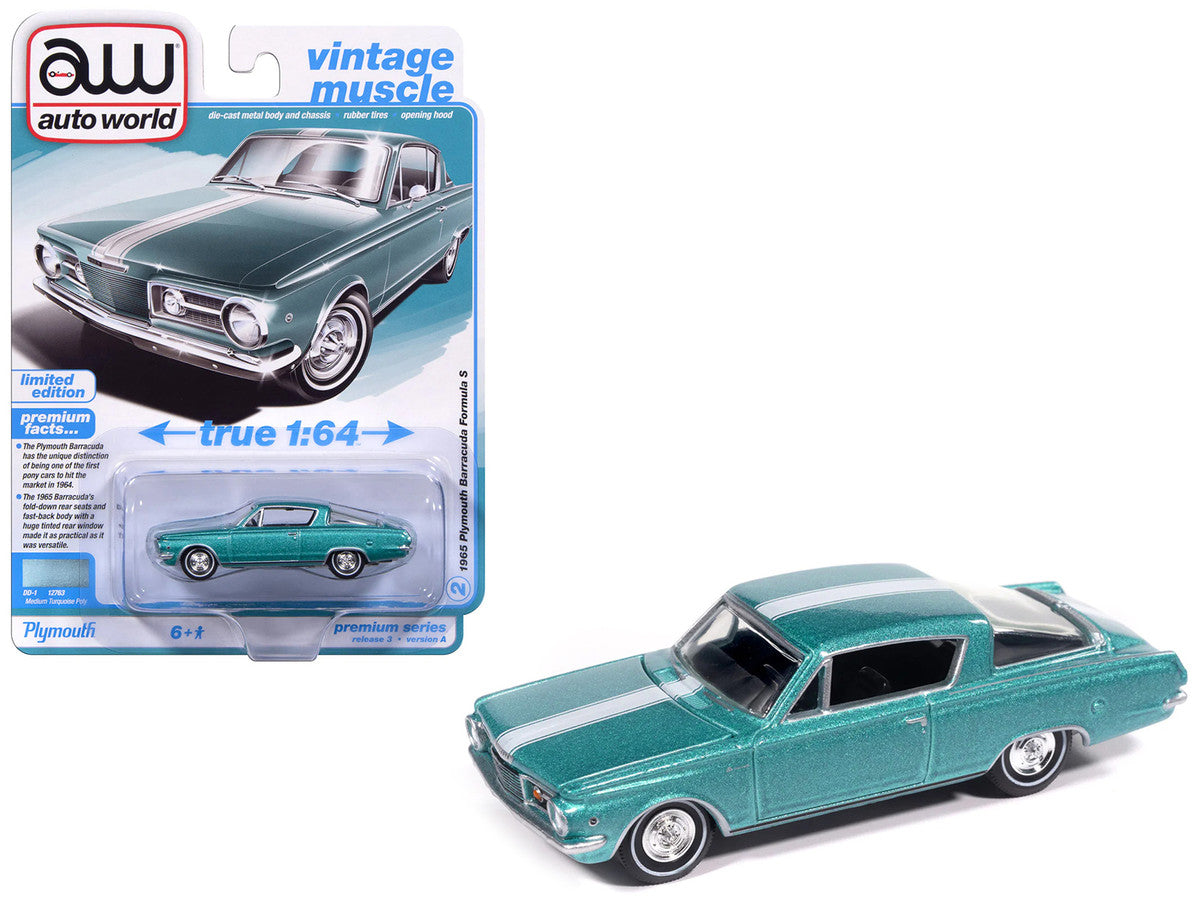 1965 Plymouth Barracuda Formula S Turquoise Metallic with White Stripe "Vintage Muscle" Series 1/64 Diecast Model Car by Auto World LuxuryLifeWay Online Store