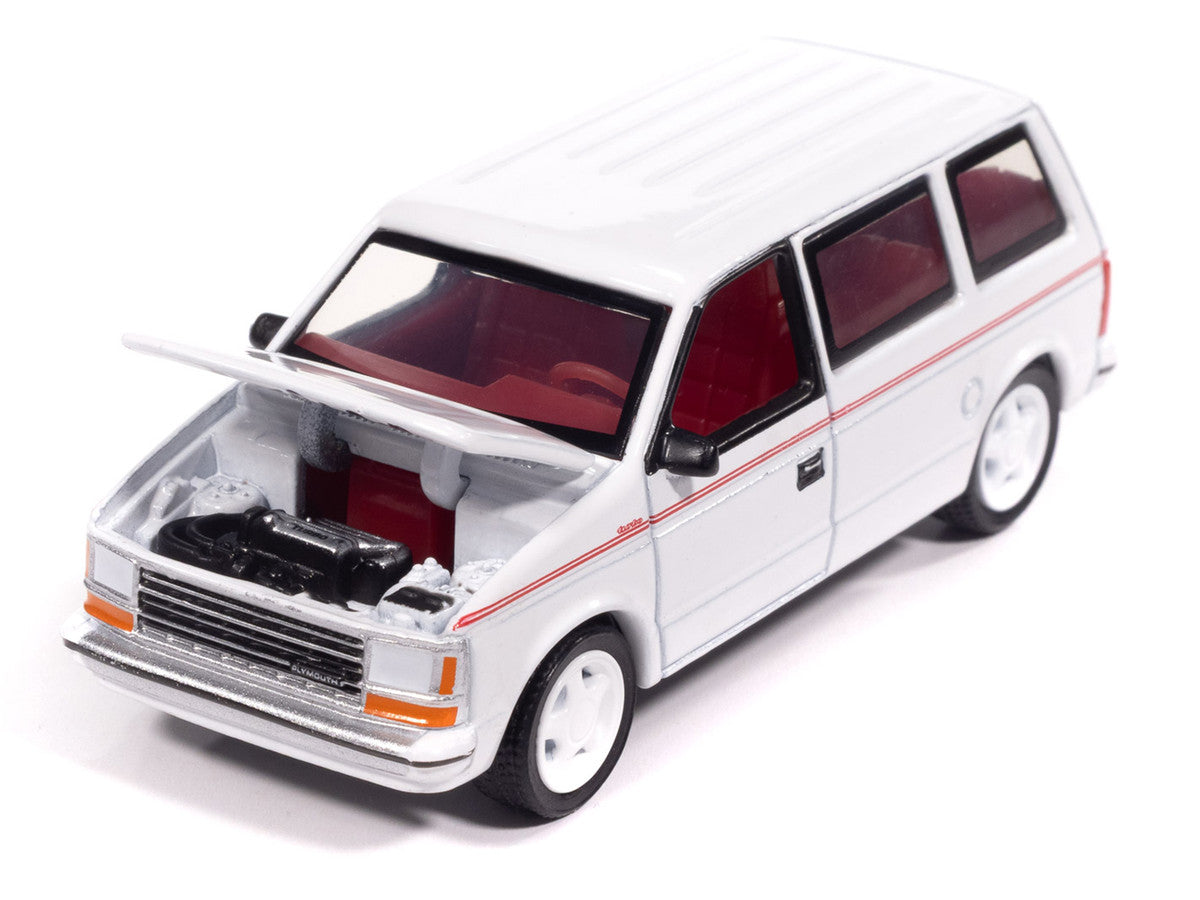 1989 Plymouth Voyager Turbo Van Bright White with Red Stripes and Interior "Mighty Minivans" Series 1/64 Diecast Model Car by Auto World LuxuryLifeWay Online Store