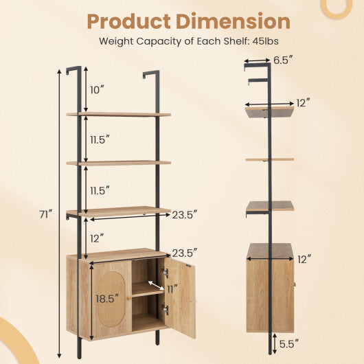 72.5 Inch 6-Tier Wall Mounted Ladder Bookshelf with Rattan Cabinet-Natural LuxuryLifeWay Online Store