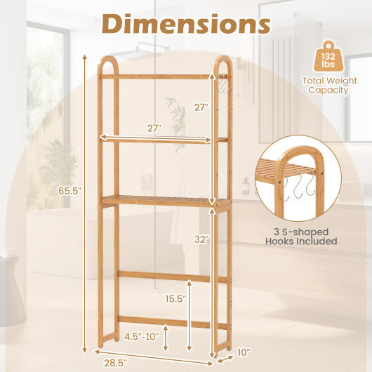 3-Tier Bamboo Bathroom Floor Organizer with 5-Position Shelves and 3 Hooks-Natural LuxuryLifeWay Online Store