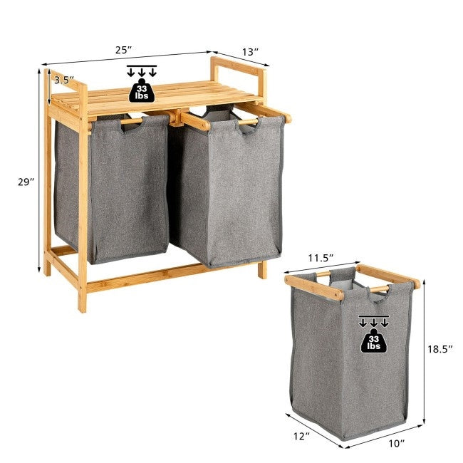 Natural Bamboo 2 Bin Sliding Laundry Hamper with Storage Shelf LuxuryLifeWay Online Store