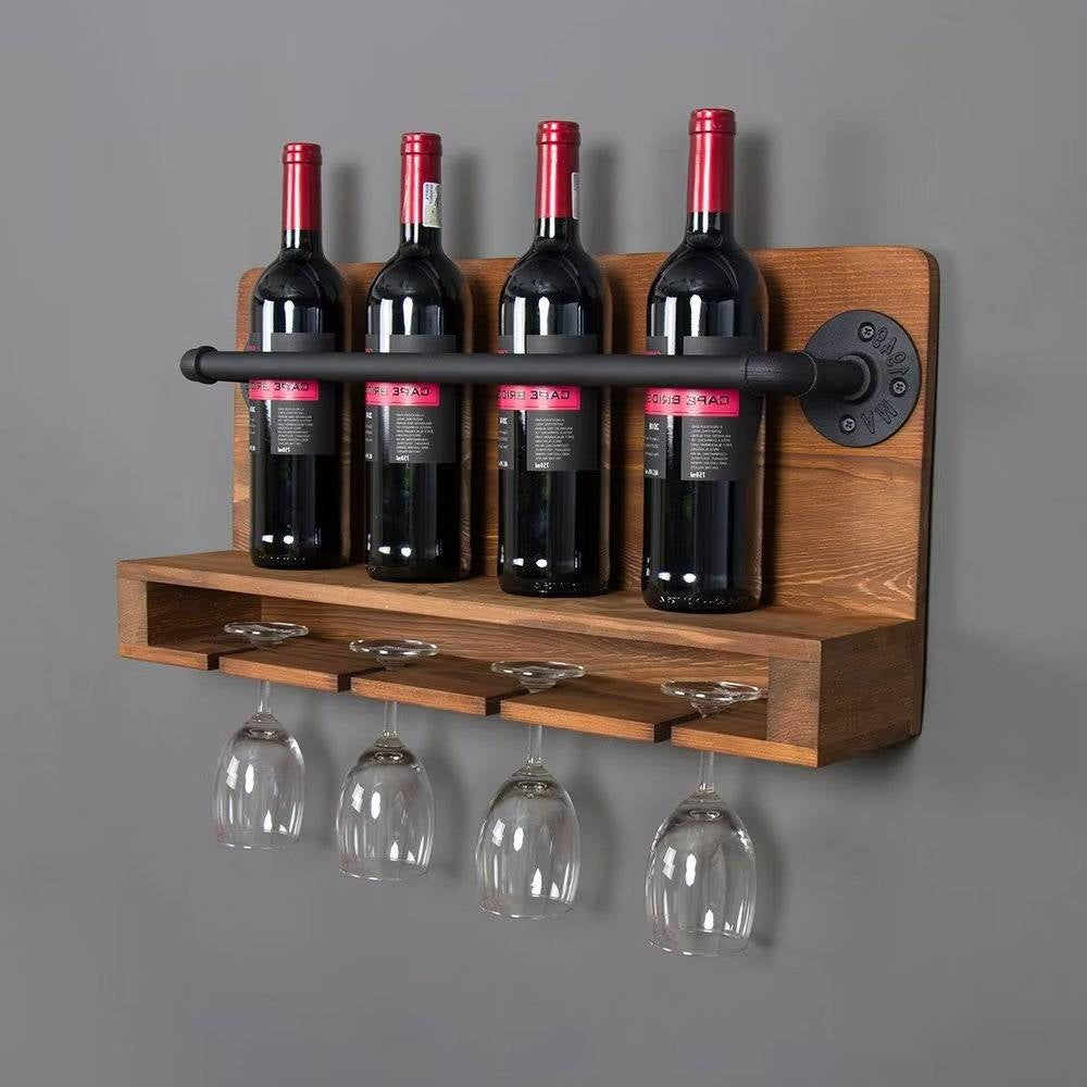4 Bottle Rustic Farmhouse Wall Mounted Wine Rack with Glass Holder LuxuryLifeWay Online Store