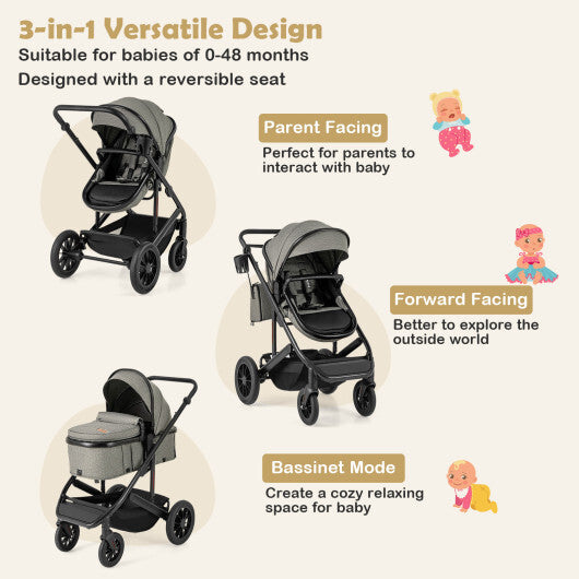 3-in-1 Folding Convertible Newborn Stroller with Detachable Bassinet-Black LuxuryLifeWay Online Store