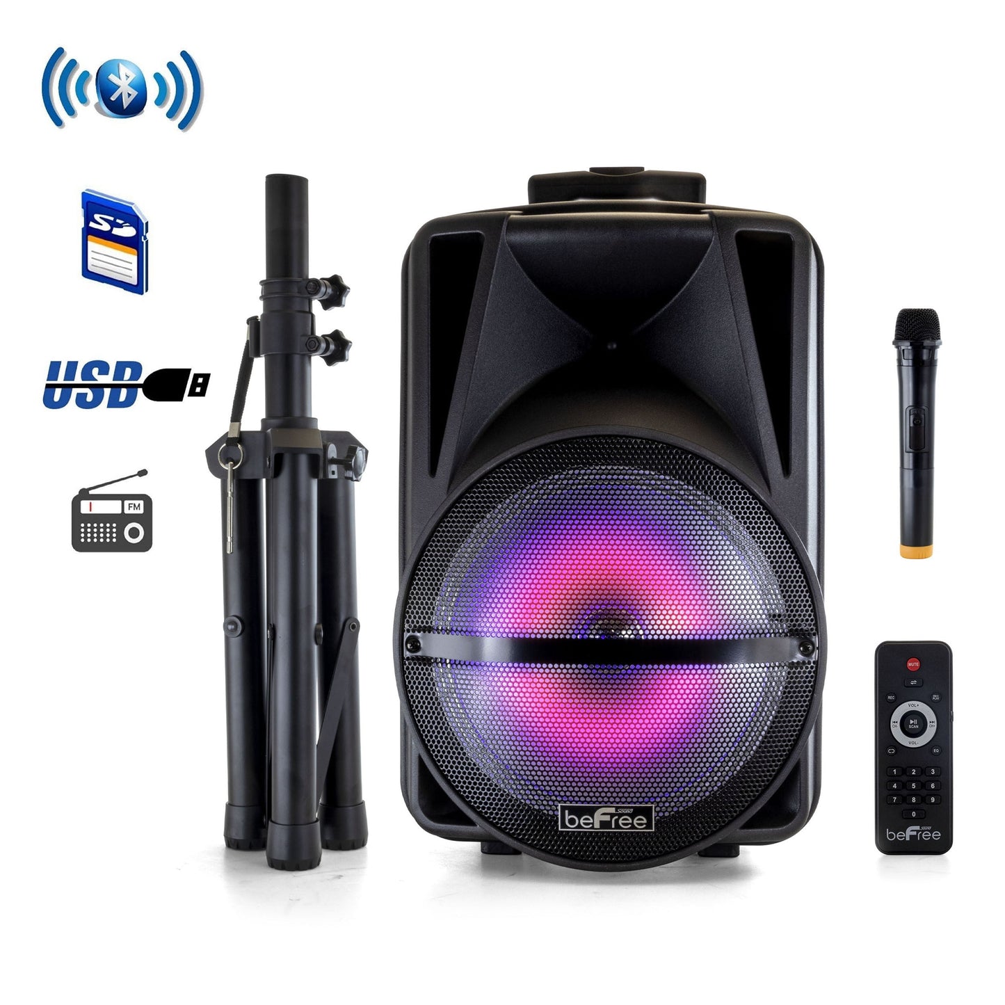 beFree Sound 12 Inch PA Bluetooth Rechargeable Portable Party Speaker with Reactive LED Lights and Stand LuxuryLifeWay Online Store