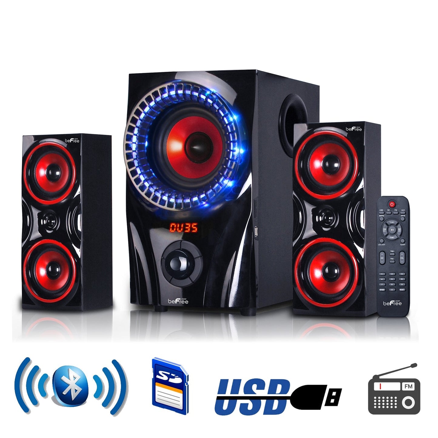 beFree Sound 2.1 Channel Surround Sound Bluetooth Speaker System in Red LuxuryLifeWay Online Store