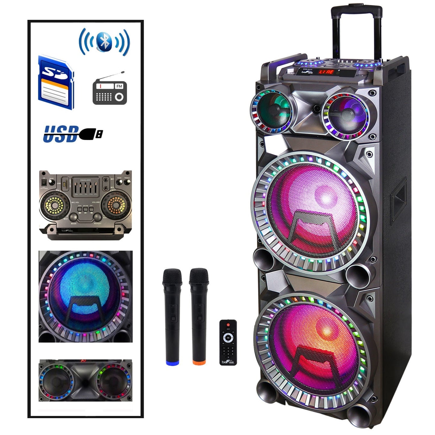 Befree Sound 700W Dual 10 Inch Subwoofer Bluetooth Portable Party Speaker with Sound Reactive Party Lights, USB/ SD Input, Rechargeable Battery, Remote Control And 2 Wireless Microphones LuxuryLifeWay Online Store