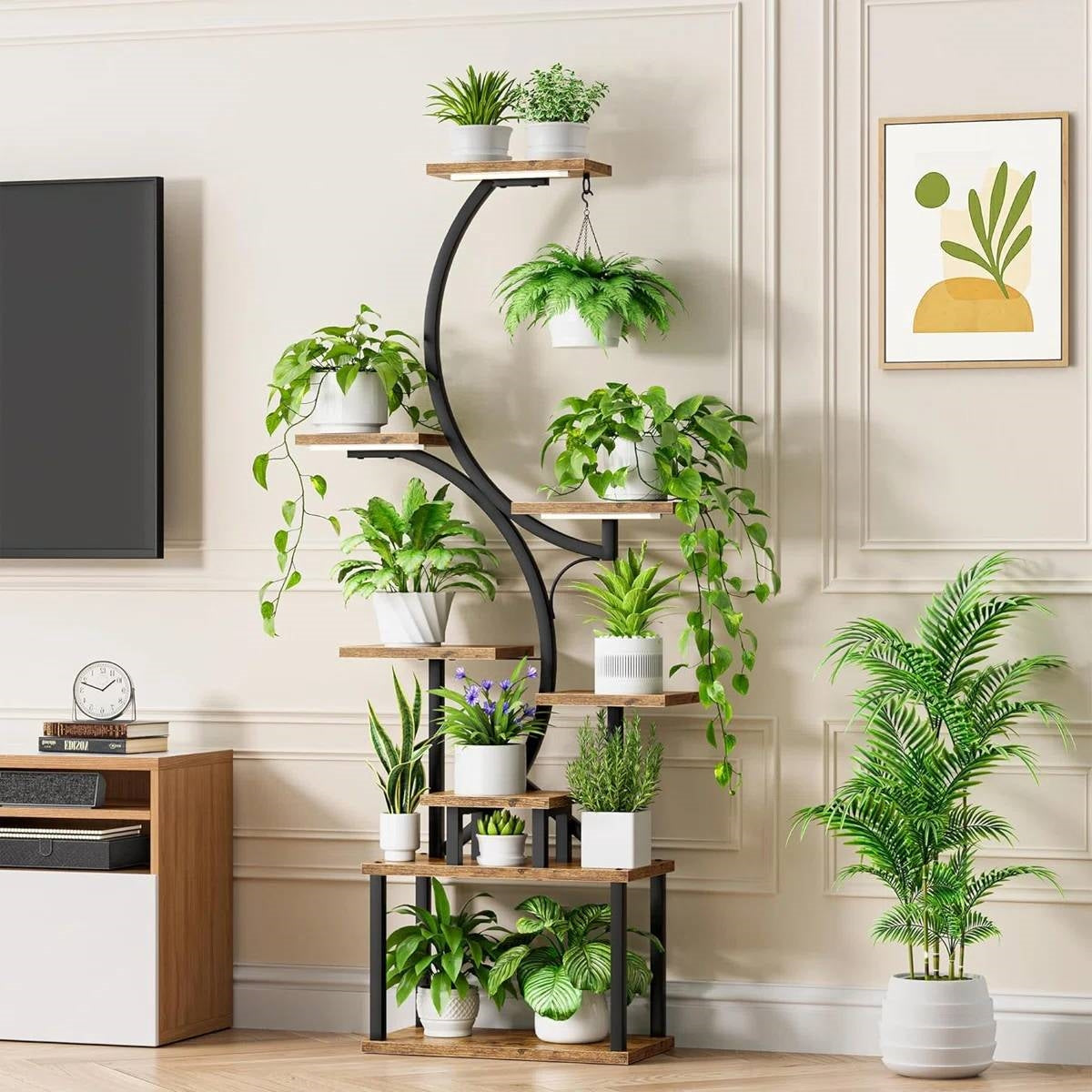 Indoor Plant Stand with Black Metal Frame and Wood Finish Shelves LuxuryLifeWay Online Store