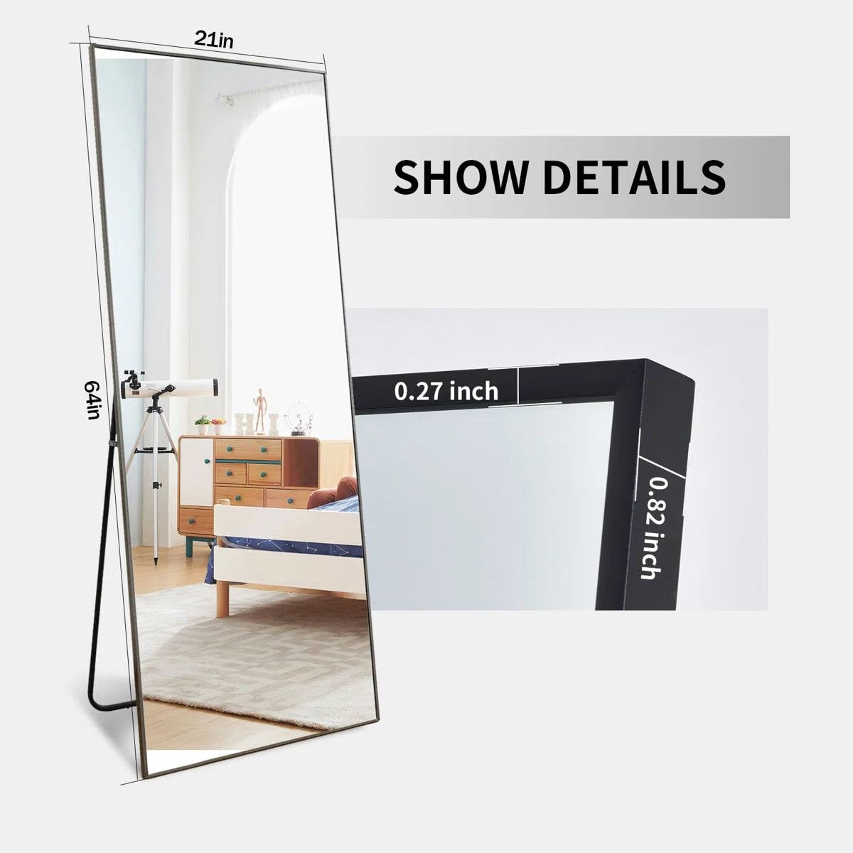 Black 64-inch Full Length Floor Mirror with Stand and Wall Mounting Holes LuxuryLifeWay Online Store
