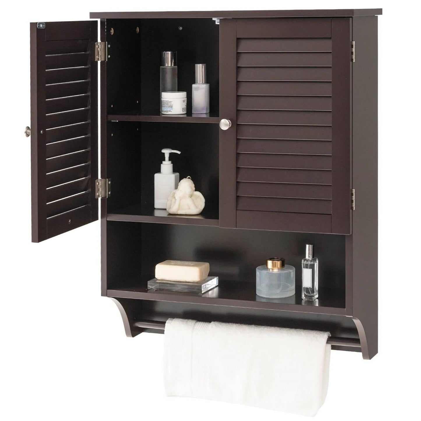 Brown Wall-Mounted Bathroom Medicine Cabinet with Louver Doors and Towel Bar LuxuryLifeWay Online Store