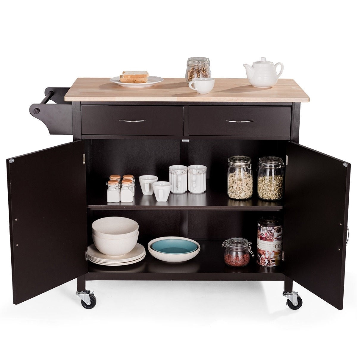 Brown Kitchen Island Storage Cart with Wood Top and Casters LuxuryLifeWay Online Store