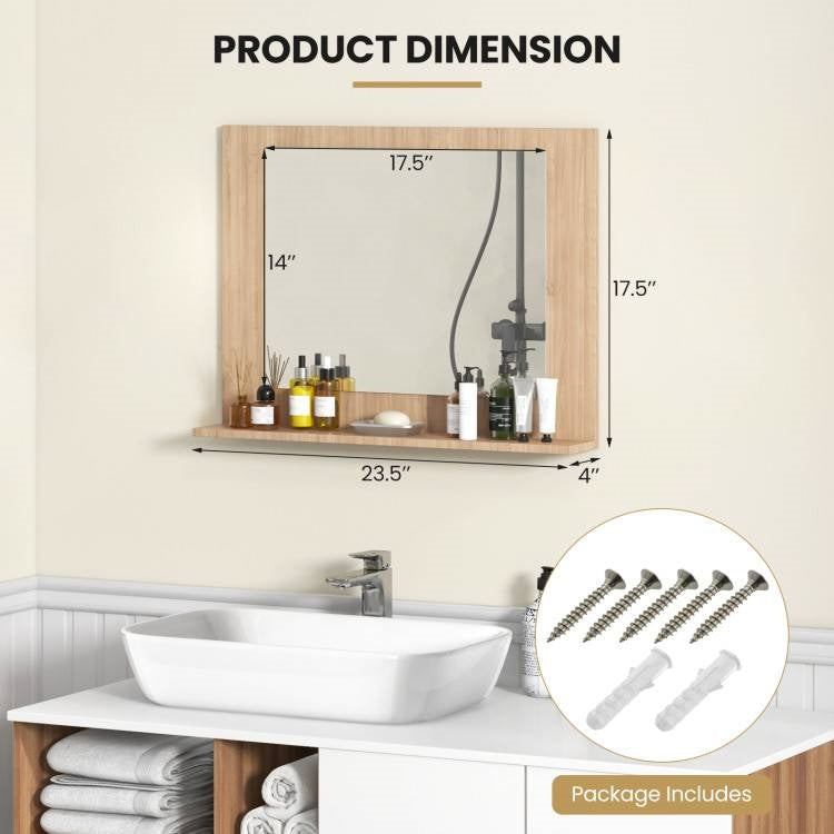 Rectangular 23 x 17 inch Bathroom Wall Mirror with Shelf in Brown Wood Finish LuxuryLifeWay Online Store