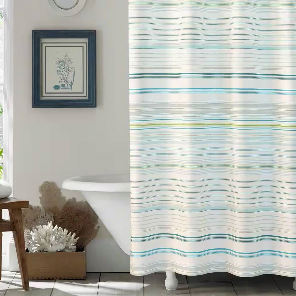 72-inch Sea Breeze Blue Green White Cabana Stripe Cotton Shower Curtain LuxuryLifeWay Online Store