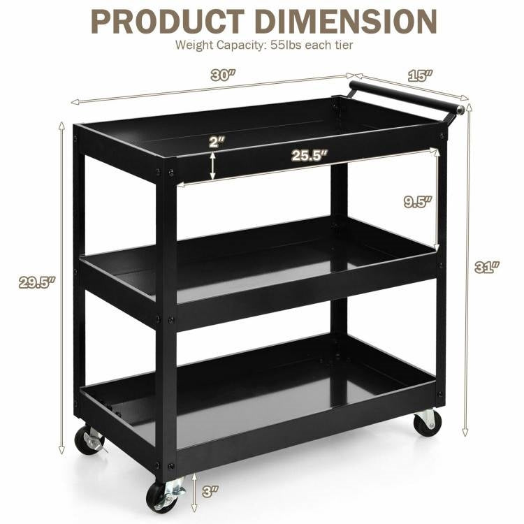 Black Steel Frame Kitchen Serving Utility Cart on Wheels with 2 Bottom Shelves LuxuryLifeWay Online Store