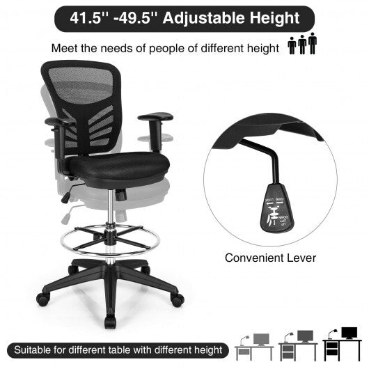 Mesh Drafting Chair Office Chair with Adjustable Armrests and Foot-Ring-Black LuxuryLifeWay Online Store