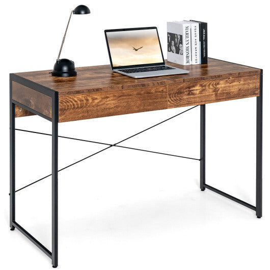 2-Drawer Home Office Desk with Steel Frame-Brown LuxuryLifeWay Online Store