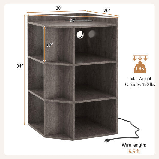 3-Tier Corner Cabinet with Charging Station for Bedroom-Natural