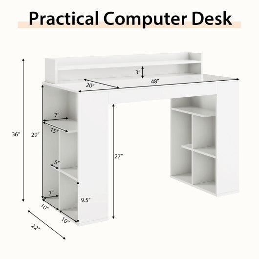 Computer Desk with Dual 3-Tier Bookshelf and Monitor Shelf-White LuxuryLifeWay Online Store